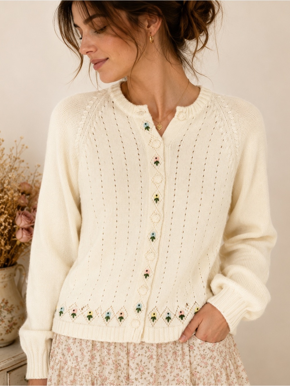 Vntg Sears Hand Embroidered Floral Cardigan Sweater M Ivory Cottagecore Grandma